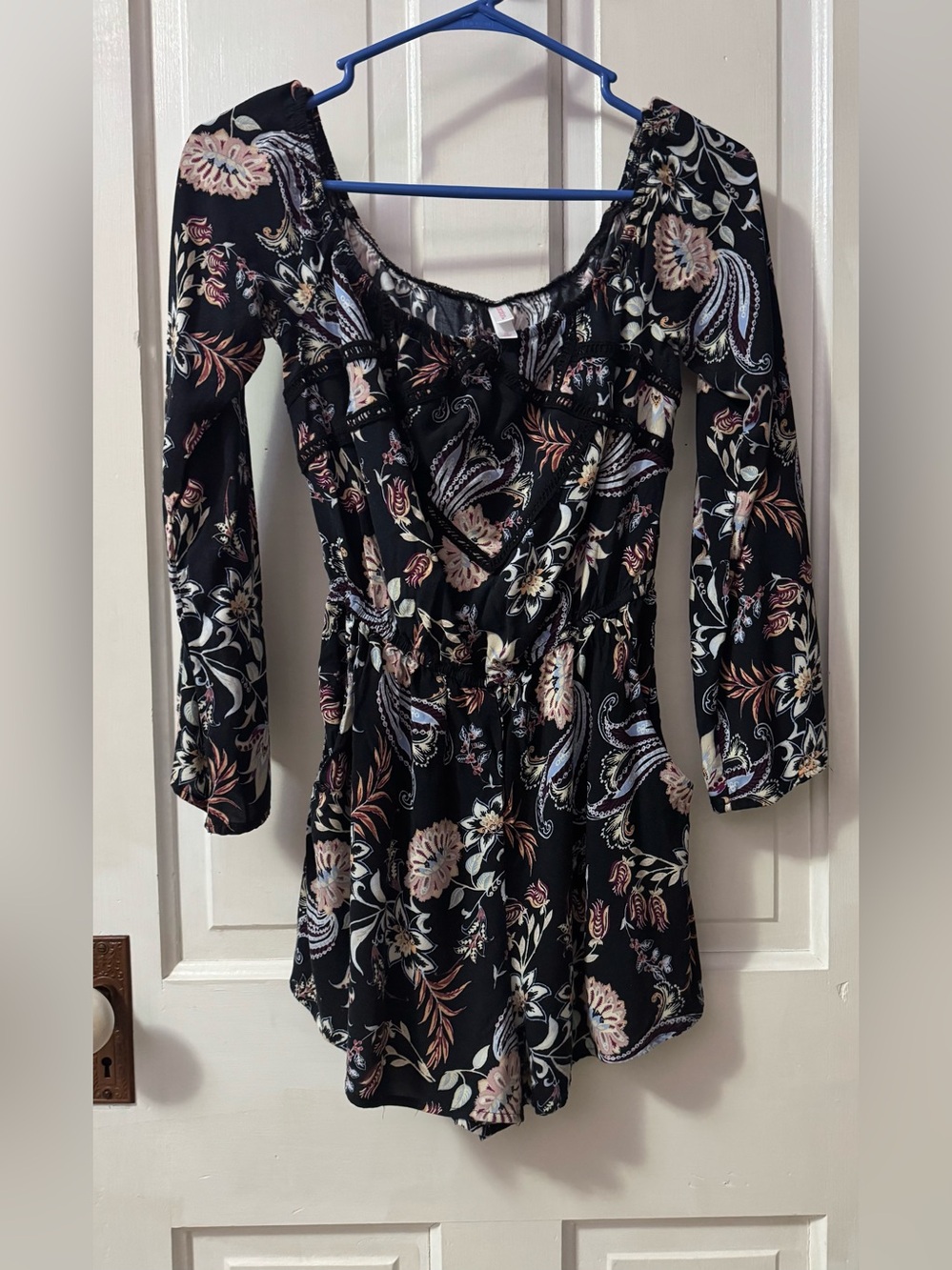 Xhilaration Black Floral Paisley Long-Sleeve Romper
